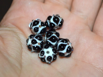 White black handmade glass bead, 10mm glass beads, White lampwork, Artisan lampwork, Beads for bracelet, Black and White