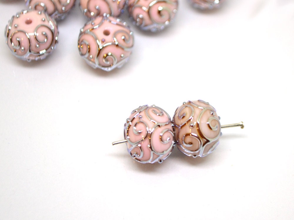 Pale pink beads with silver curls, Handmade glass beads, Artisan lampwork Set, SRA beads, Round beads, Jewelry making, Beads set