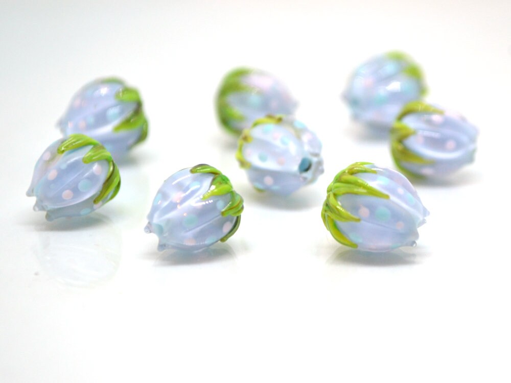 Pastel blue flower beads with colorful dots, Floral glass beads with green leaves, 12mm flower beads, Easter, Artisan lampwork