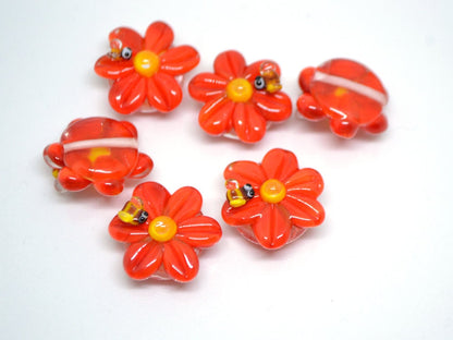 Lampwork Chamomile flower beads with bee, Red glass beads, Floral lampwork, Lentils beads, Summer glass beads, Artisan lampwork, red flower
