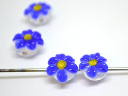 Blue Lampwork Chamomile beads, Cobalt blue Chamomile flower bead, Blue and yellow beads, Beads for bracelet, Blue flower bead, Blue lampwork