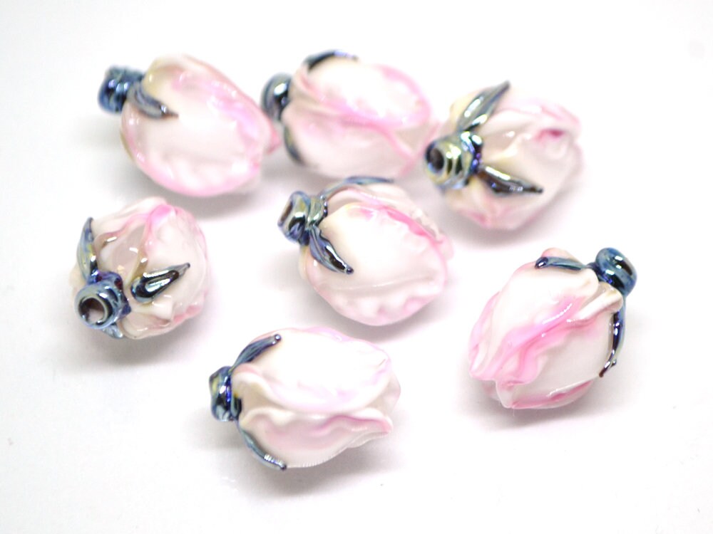 Tender pink flower beads, Lampwork floral beads, Glass flower beads, Pink silver floral beads, Artisan lampwork, Flower earrings DIY