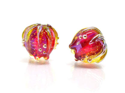 Fuchsia red gold flower beads, 10mm flower beads, Flower glass beads, Artisan Lampwork, Bright glass beads, Handmade glass art, Floral beads
