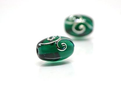 Emerald green oval glass beads silver curles, Barrel lampwork beads, Handmade glass, Jewelry supplies, Bead set, Beads for necklace jewelry