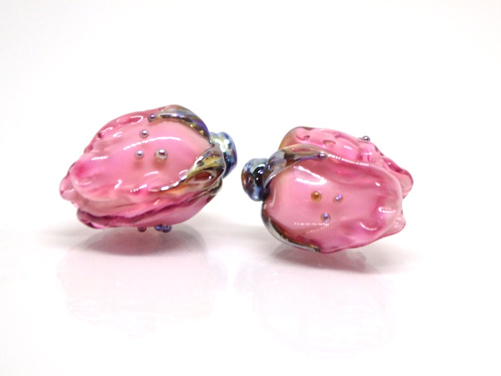 Amazing pink lampwork flower beads, Pink white glass floral beads, Focal lampwork beads