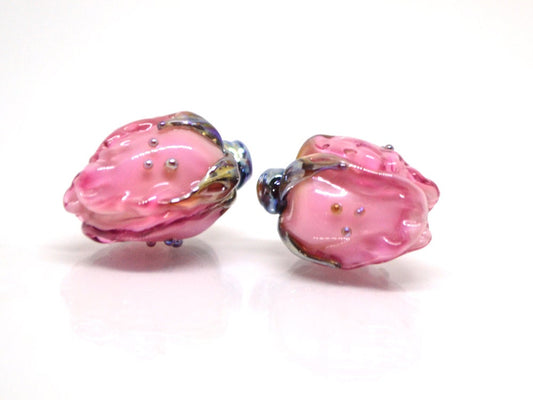 Amazing pink lampwork flower beads, Pink white glass floral beads, Focal lampwork beads