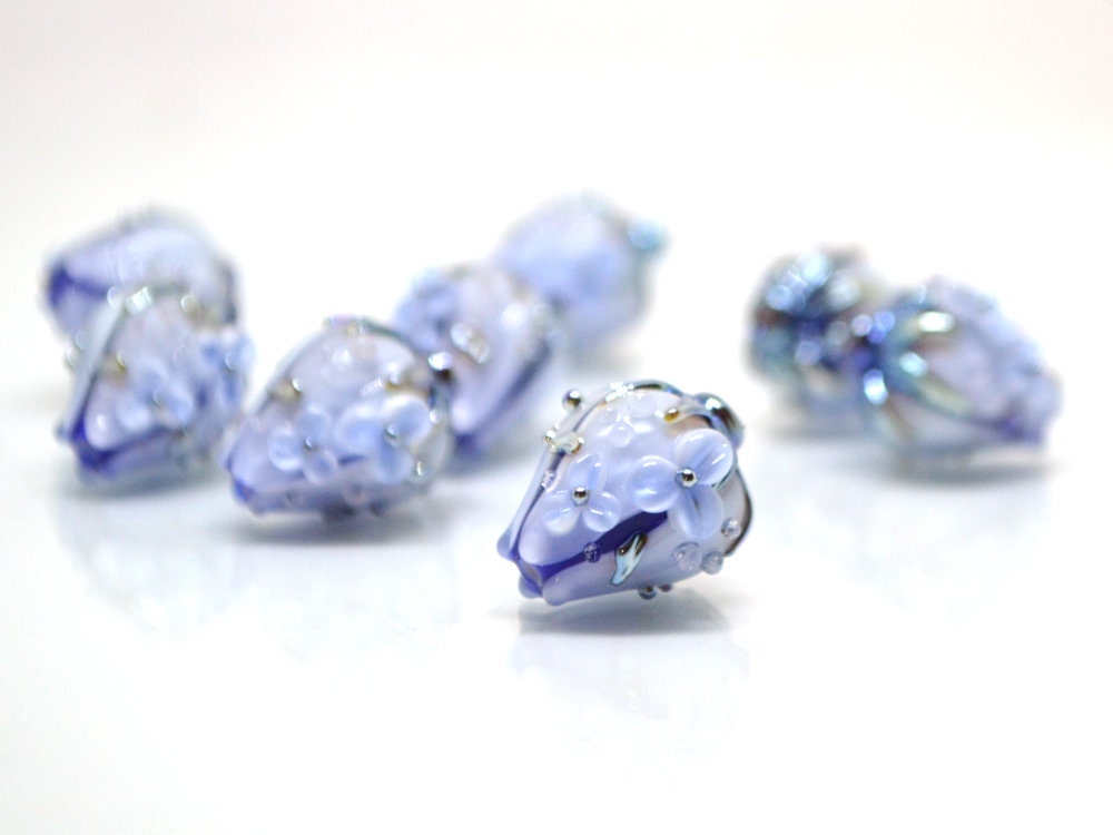 Blue Glass flower bouquet on lampwork bud beads, Pale blue lampwork beads, Miniature flowers, Something blue