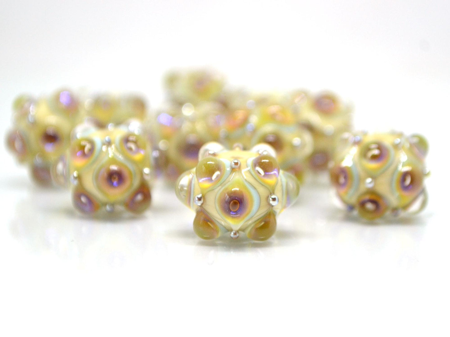 Beige purplish Lampwork bead, Ivory glass beads, Pastel lampwork beads, Focal beads, Artisan lampwork, Handmade bead, Rondelle beads