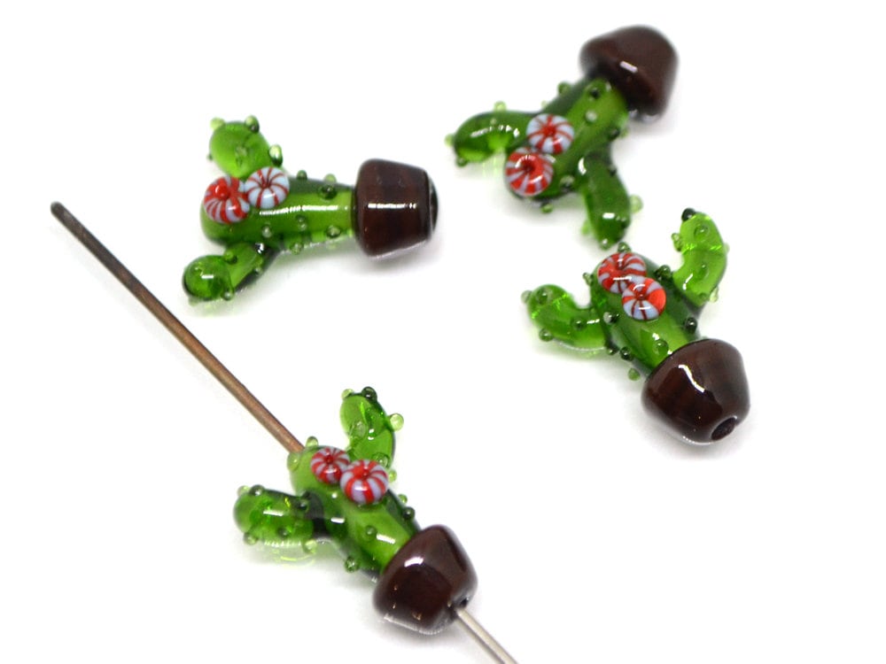 Glass cactus beads, Blooming cactus in a pot, Desert flower beads, Tequila beads, Artisan lampwork, Green flower beads