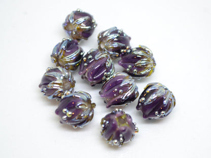 Dark Purple flower beads silver dots, 10mm glass beads, Artisan lampwork, Floral beads, Luxury beads, 3d flower bead, Handmade flower glass