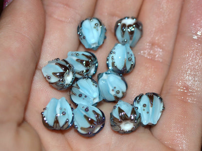 Pastel blue flower glass beads silver, 10mm glass beads, Pale blue lampwork flower bead, Floral lampwork, Handmade glass bead Something blue