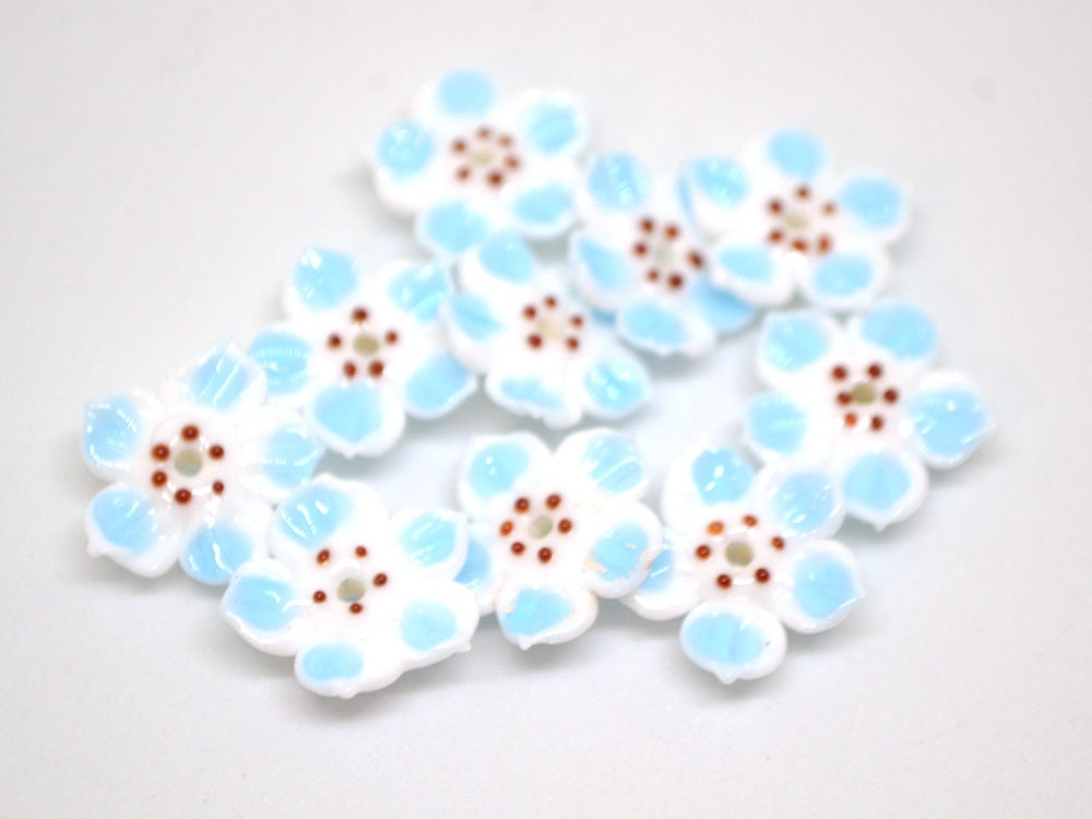 White blue glass flower beads, Blue floral lampwork, Glass blossom beads, Artisan lampwork bead, Jewelry beads, 3d Embroidery beads