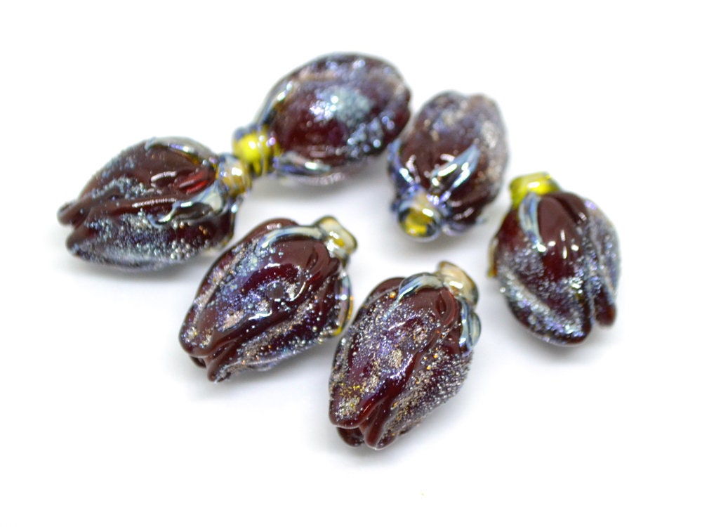 Dark Red rose bud beads, Lampwork Rose Bead, Floral lampwork beads, Focal lampwork beads, Sparkle lampwork, glitter