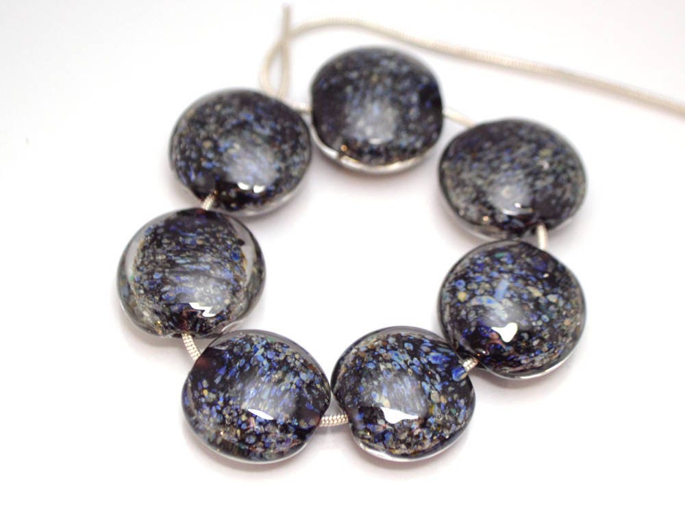 space glass beads jewelry making set beads lampwork handmade artisan lampwork lentils blue black glass beads stardust necklace beads set