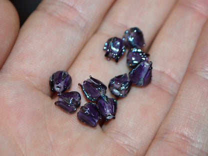 Dark purple small lampwork beads, purple silver flower beads, Tiny glass beads, 7mm flower beads, Artisan lampwork