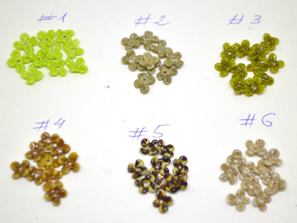 Tiny olive green flower beads, Very small flowers, Opaque glass flower, Green small flower beads, 5mm flowers, Artisan lampwork