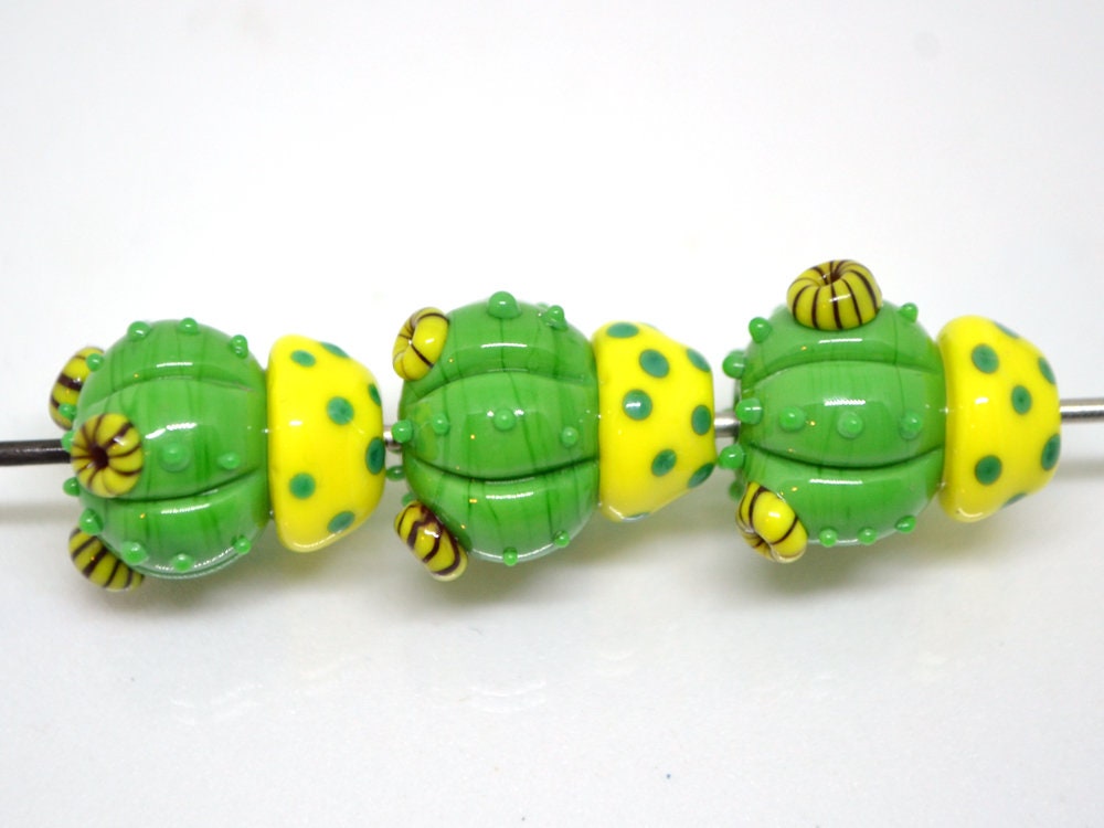 Lampwork cactus beads with yellow pot, Wilderness plants, Cactus yellow flower pendant, Succulent beads, Artisan lampwork