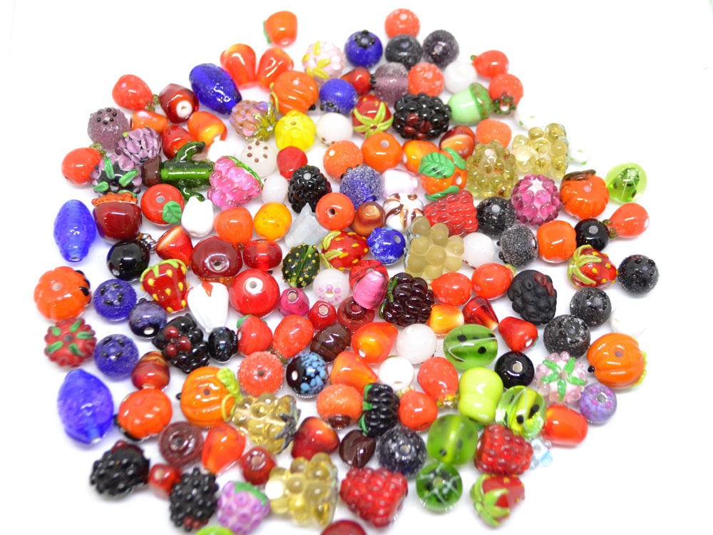 Lampwork Berry beads set 150pcs, Mix glass berries, Handmade berry beads, Oranges, Raspberry, Pomegranate, Apple, Dog-rose, Strawberry