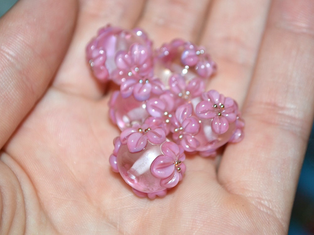 Pink flower beads, Clear Rondelle beads with flowers, Rondelle lampwork, Handmade lampwork, rondelle glass beads, lampwork spacer,Pink bead