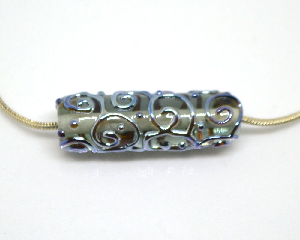 Gray lampwork tube bead, Silver mirror swirl transparent bead, Jewelry making supply, Artisan lampwork, Textured beads, Focal beads, Smoky