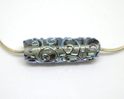 Gray lampwork tube bead, Silver mirror swirl transparent bead, Jewelry making supply, Artisan lampwork, Textured beads, Focal beads, Smoky