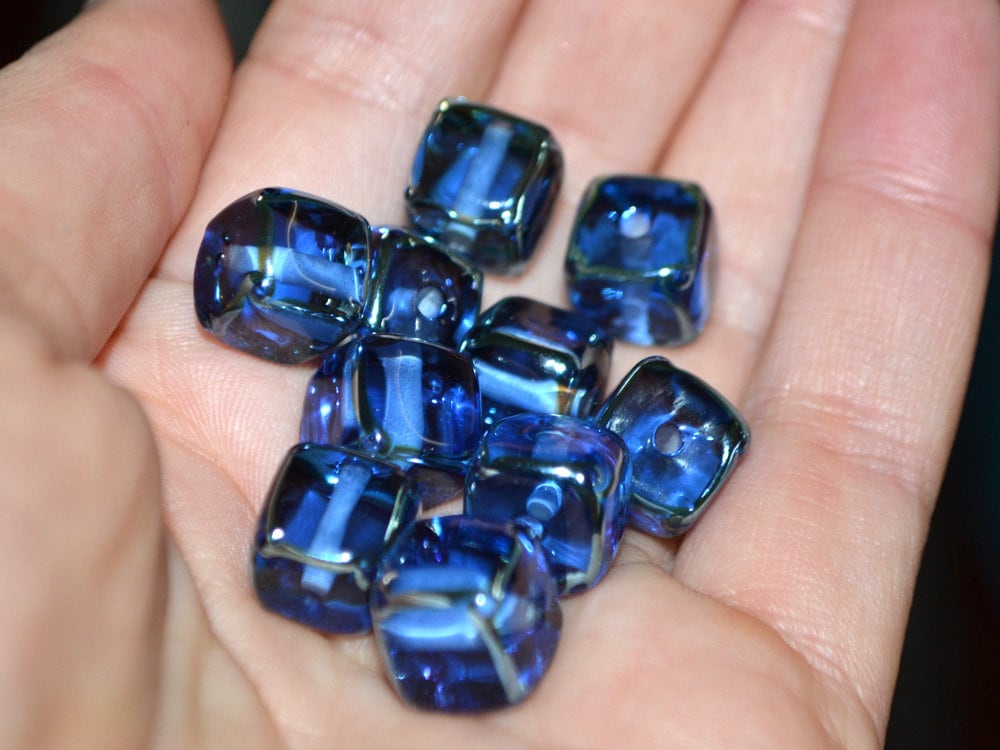 Sapphire blue square beads, 10mm cube beads, 12mm square beads, Blue cube beads, Blue spacer beads, Blue lampwork, Jewelry beads,Murano bead
