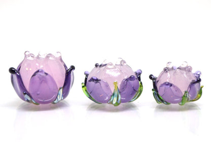 Lavender pink flower beads, Lampwork floral beads, Amethyst flower beads, Lilac glass beads, Purple flower beads, Beads for earrings