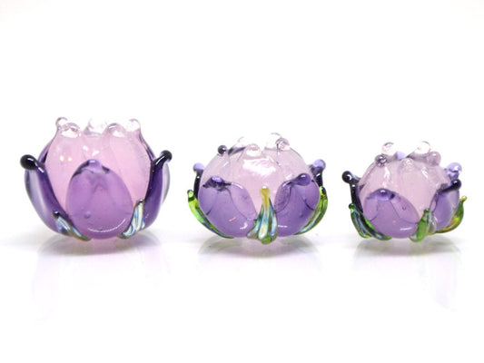 Lavender pink flower beads, Lampwork floral beads, Amethyst flower beads, Lilac glass beads, Purple flower beads, Beads for earrings