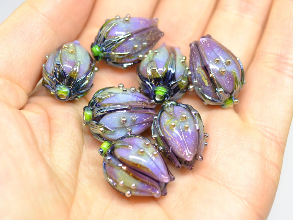 dichroic glass flower lampwork beads sparkling glass bead glitter beads purple glass beads lavender beads floral glass beads stardust beads