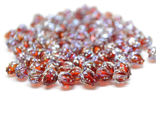 Red wine and silver floral lampwork beads, 7mm glass beads, Half drilled beads, Very small beads, Tiny beads