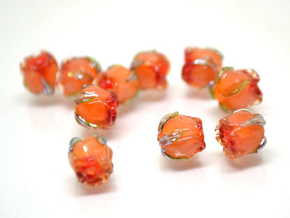 Small 7mm Orange rosebud beads, Rose glass beads, Floral lampwork, Orange glass beads, Handmade Lampwork