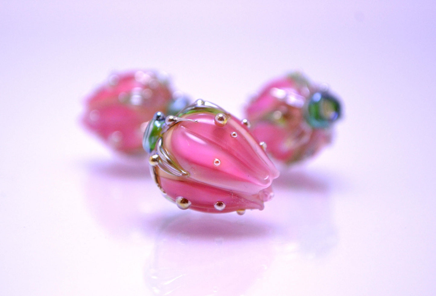 pink flower lampwork bead rose gold dots bud artisan handmade glass jewelry making dew green Leaf floral beads for earrings pendant wedding