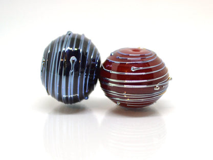 Hollow Black lampwork Beads, Stripes beads, Silver lines beads, Hollow red beads, Focal lampwork