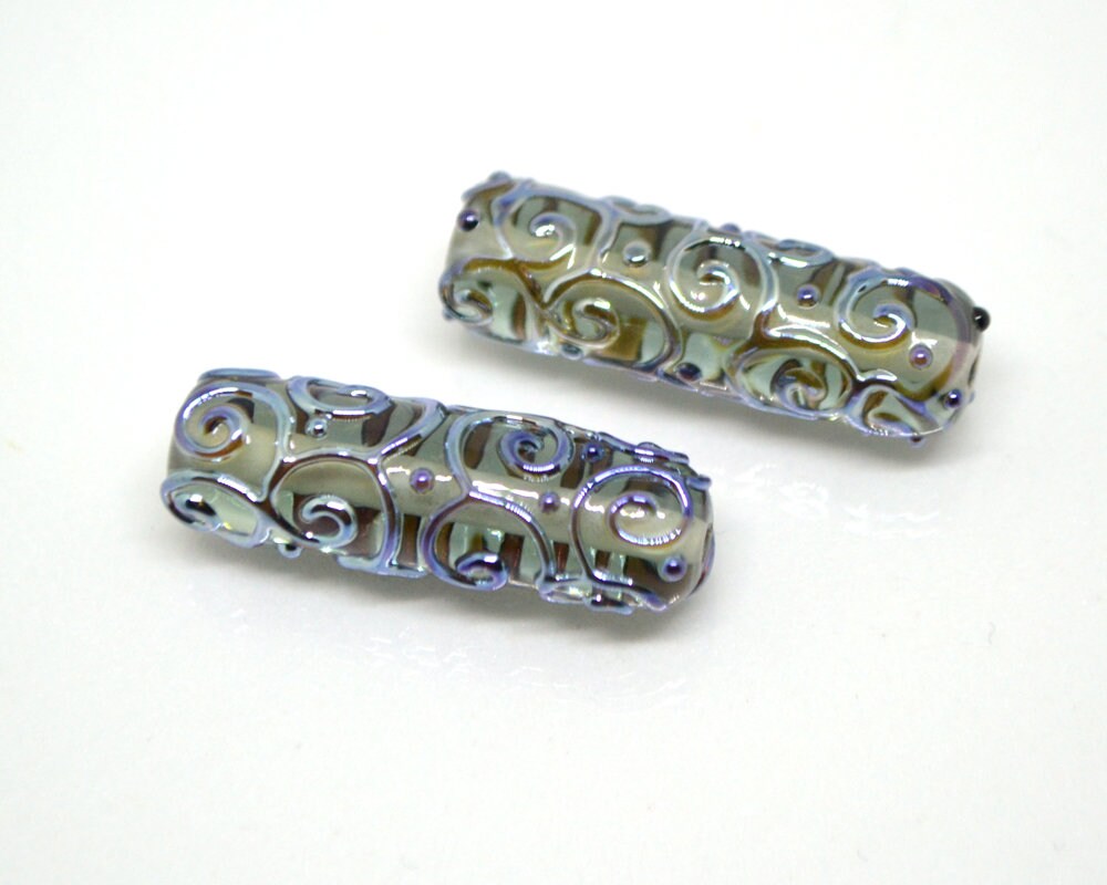 Gray lampwork tube bead, Silver mirror swirl transparent bead, Jewelry making supply, Artisan lampwork, Textured beads, Focal beads, Smoky