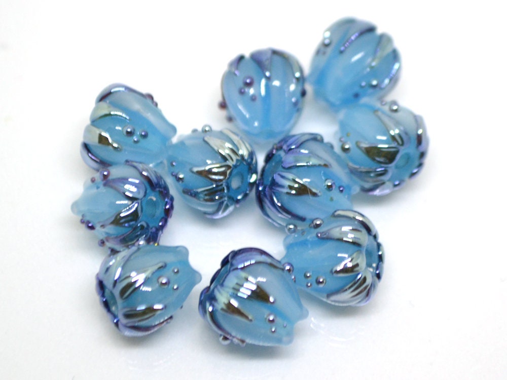 Pastel blue flower beads silver, 10mm glass beads, Flower lampwork bead, Floral lampwork, Artisan lampwork, Beads for Jewelry supplies, Bead