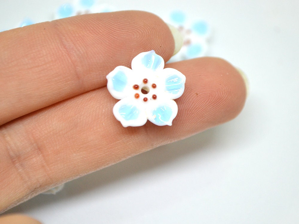 White blue glass flower beads, Blue floral lampwork, Glass blossom beads, Artisan lampwork bead, Jewelry beads, 3d Embroidery beads