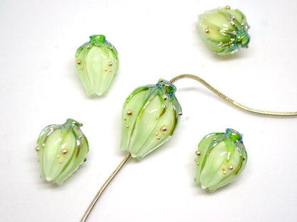 Mint green lampwork flower beads, Handmade lampwork beads, Floral glass pendant, Fresh green glass beads