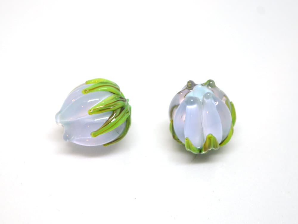 Pale blue and pink flower beads, Pastel Floral glass beads with green leaves, 12mm flower beads, Easter, Artisan lampwork