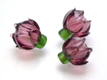 purple flower lampwork glass bud beads floral jewelry making set artisan lampwork earrings necklace violet amethyst transparent green