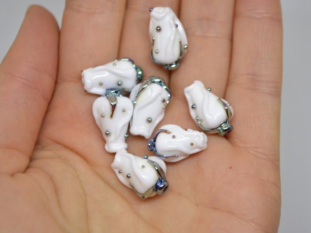White twist rosebud beads, Wedding flower Glass Bead, Floral lampwork bead, Artisan lampwork beads