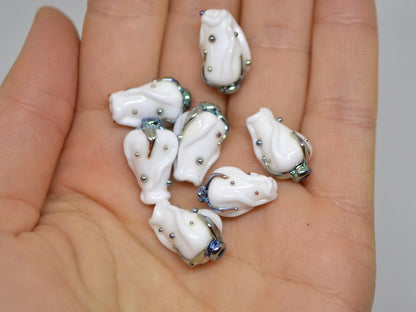 White twist rosebud beads, Wedding flower Glass Bead, Floral lampwork bead, Artisan lampwork beads