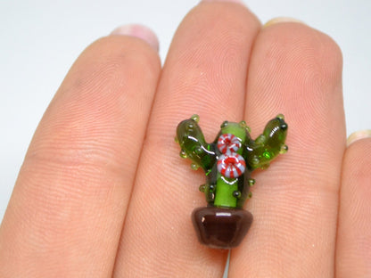 Glass cactus beads, Blooming cactus in a pot, Desert flower beads, Tequila beads, Artisan lampwork, Green flower beads