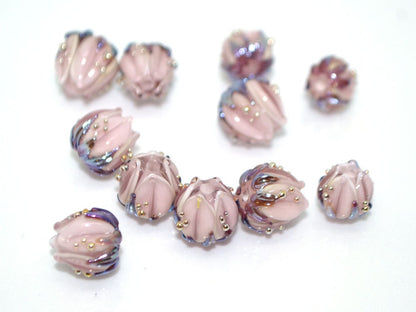 Pale pink glass flower beads purple leaves gold dew, Artisan lampwork, 10mm flower bead, Pastel pink, Floral glass beads, Flower spacer bead