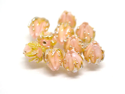 Pink gold floral beads, Peach bud flower beads, Tiny glass beads, Pastel pink 7mm flower beads, Artisan lampwork