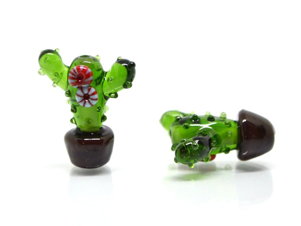 Glass cactus beads, Blooming cactus in a pot, Desert flower beads, Tequila beads, Artisan lampwork, Green flower beads