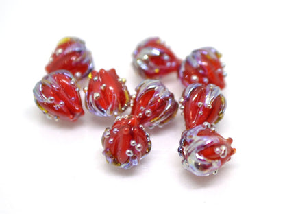 Deep red 7mm floral lampwork beads, Red and Silver flower beads, Small glass beads, Half drilled beads, Tiny glass beads, Bordeaux beads
