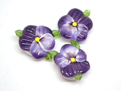 Purple glass pansy beads, Lampwork pansies, Lampwork flower beads, Purple lampwork pansy