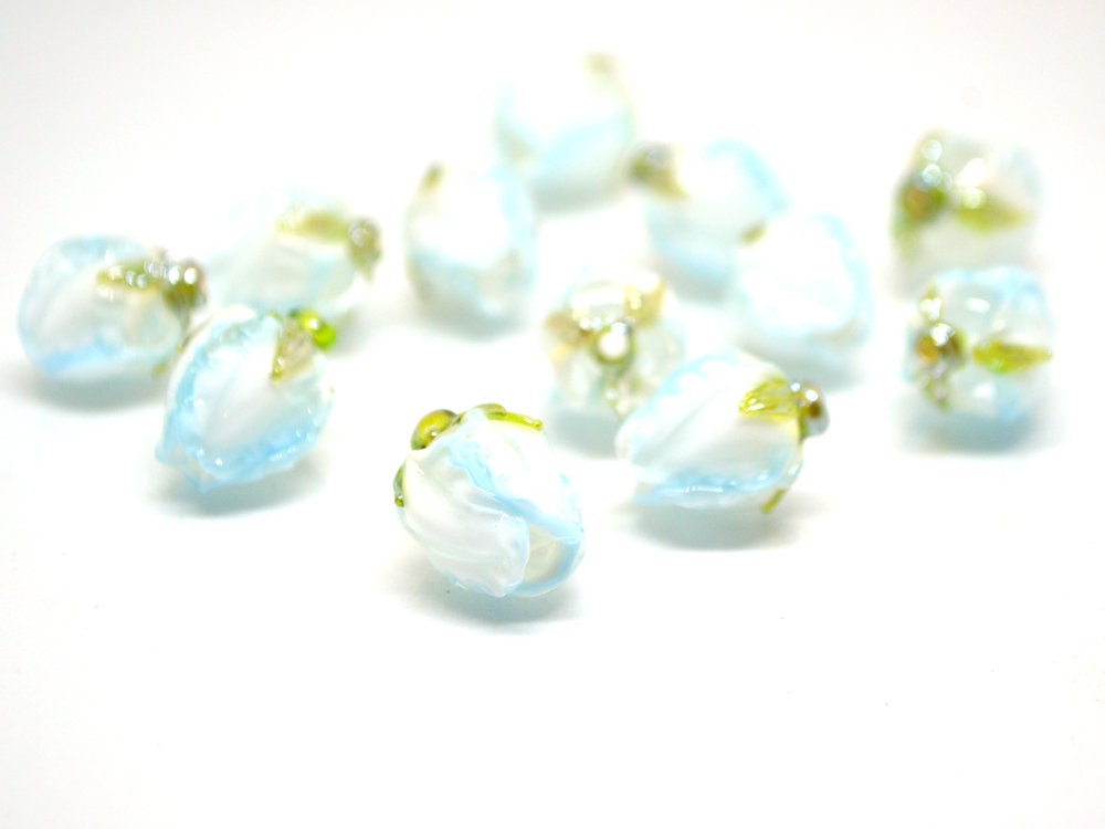 Pale blue glass beads, Lampwork flower beads, Sky blue beads, White blue glass beads, Romantic lampwork, Artisan lampwork, Something blue