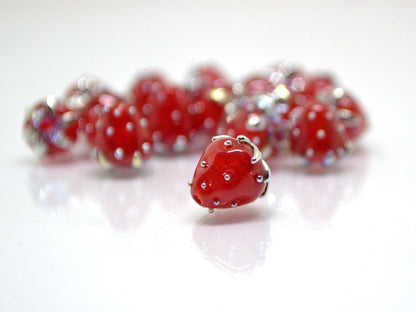 Small 8mm Red Strawberry lampwork beads, Red glass berry, Glass strawberry, Red Berry fruit beads, Red silver berry beads