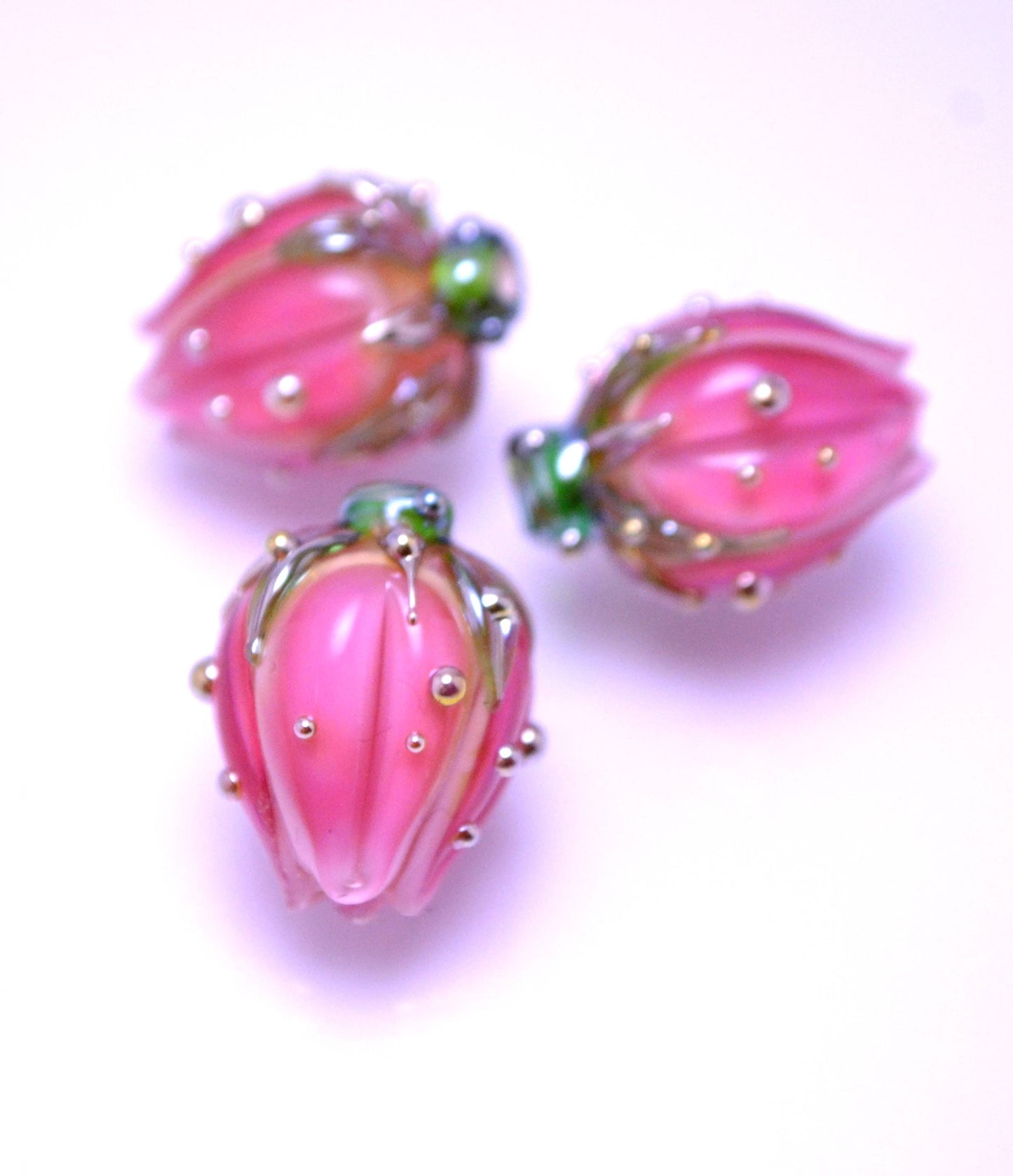 pink flower lampwork bead rose gold dots bud artisan handmade glass jewelry making dew green Leaf floral beads for earrings pendant wedding